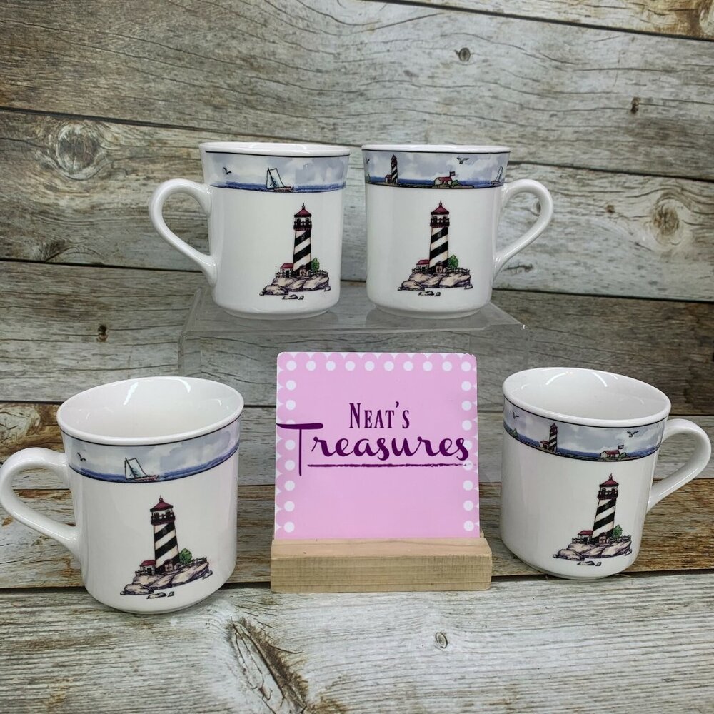 Totally Today COASTAL LIGHTHOUSE Center & Rim Stoneware 8 oz Cups Mugs Set of 4